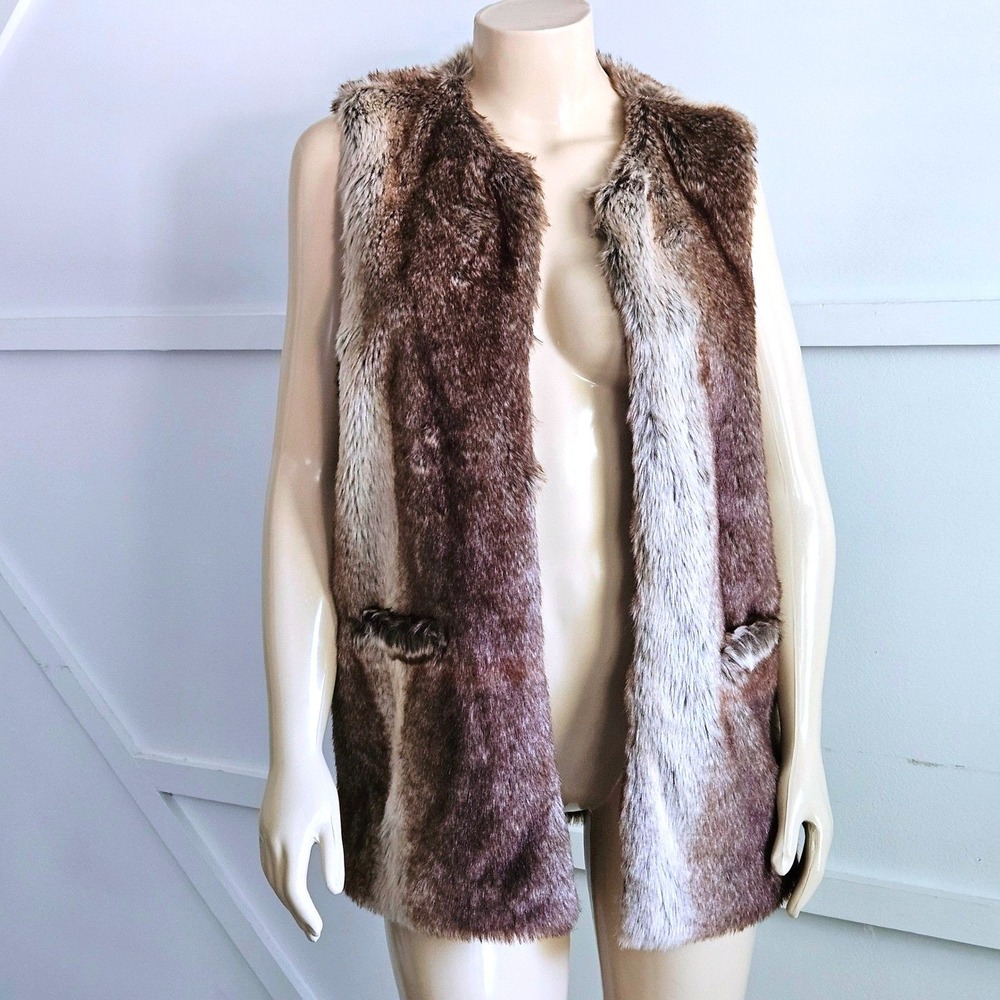 Lucky Brand Womens Brown Cream Striped Faux Fur Vest Size Medium Open Front Boho